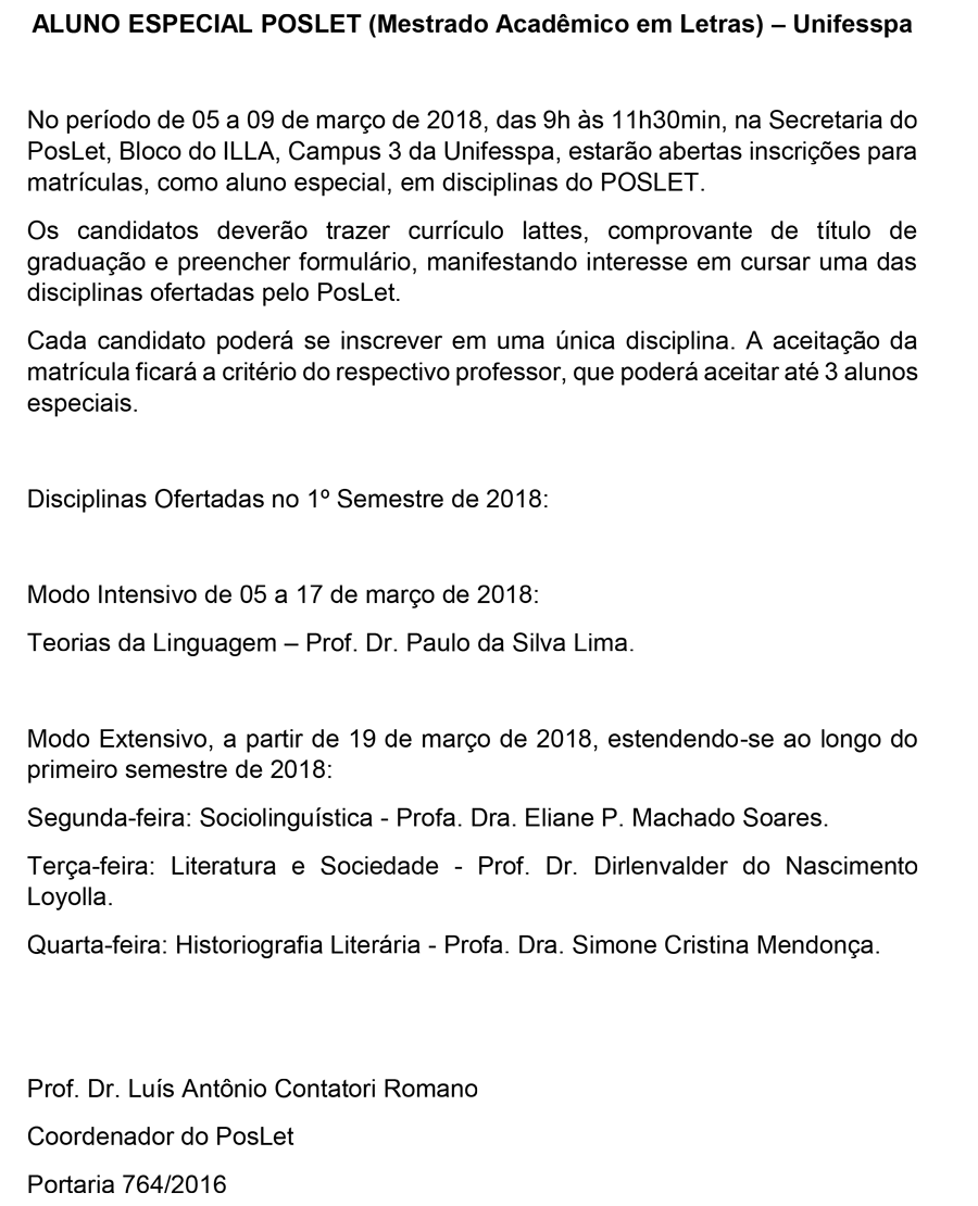 ALUNO ESPECIAL POSLET 1º SEMESTRE DE 2018 DIVULGAÇÃO