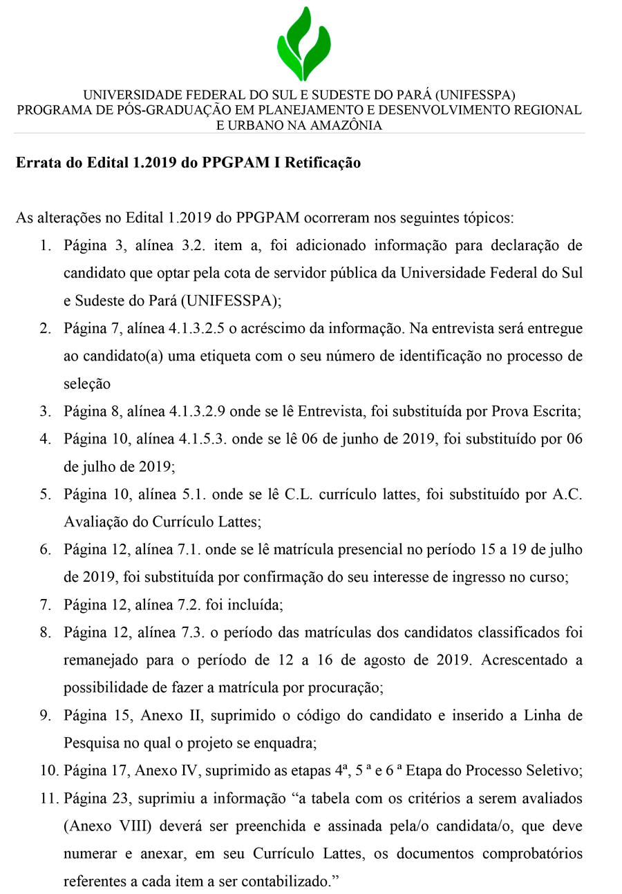 Errata do Edital 1 2019 PPGPAM