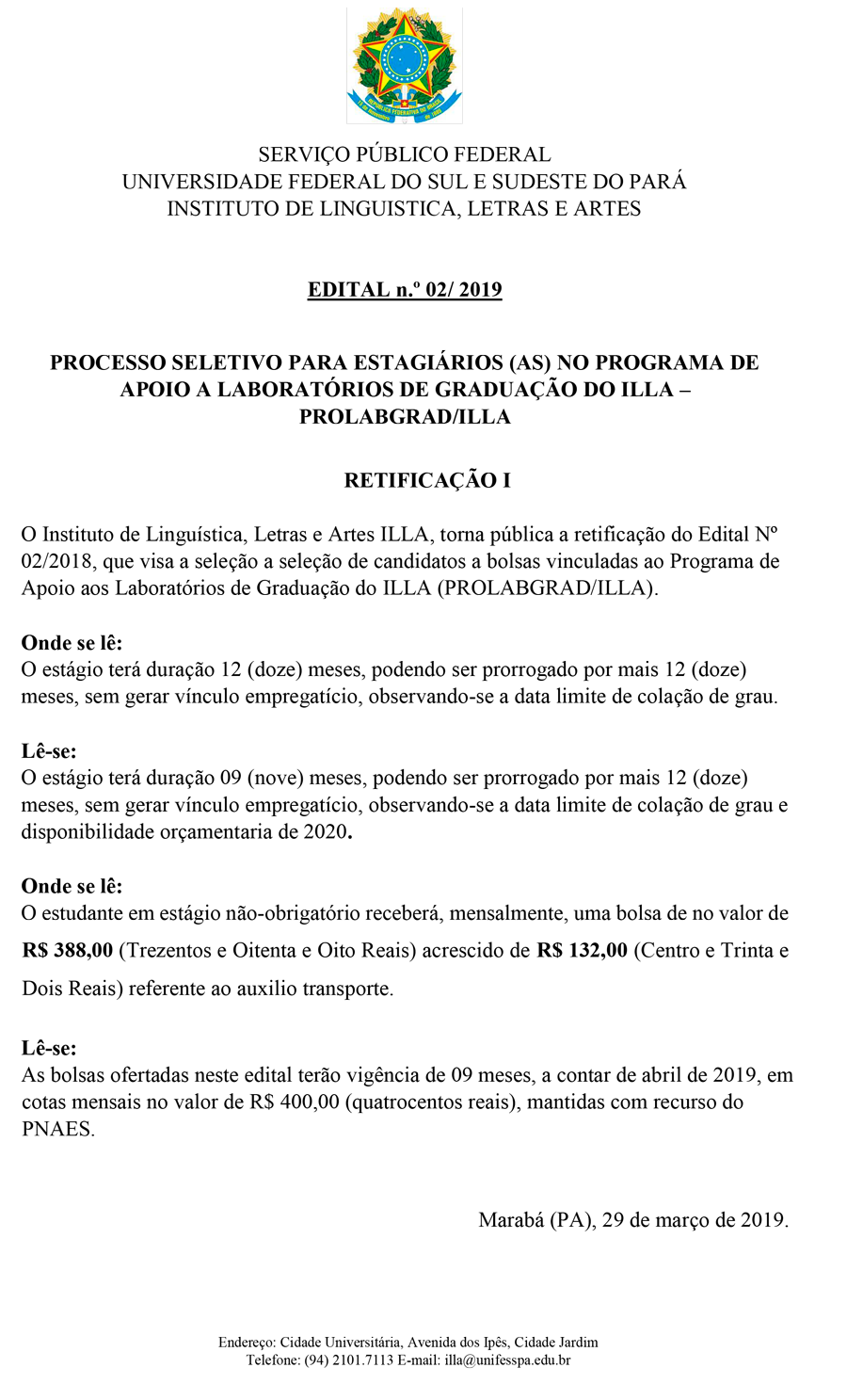 Retificação I Edital 002 2019 ILLA