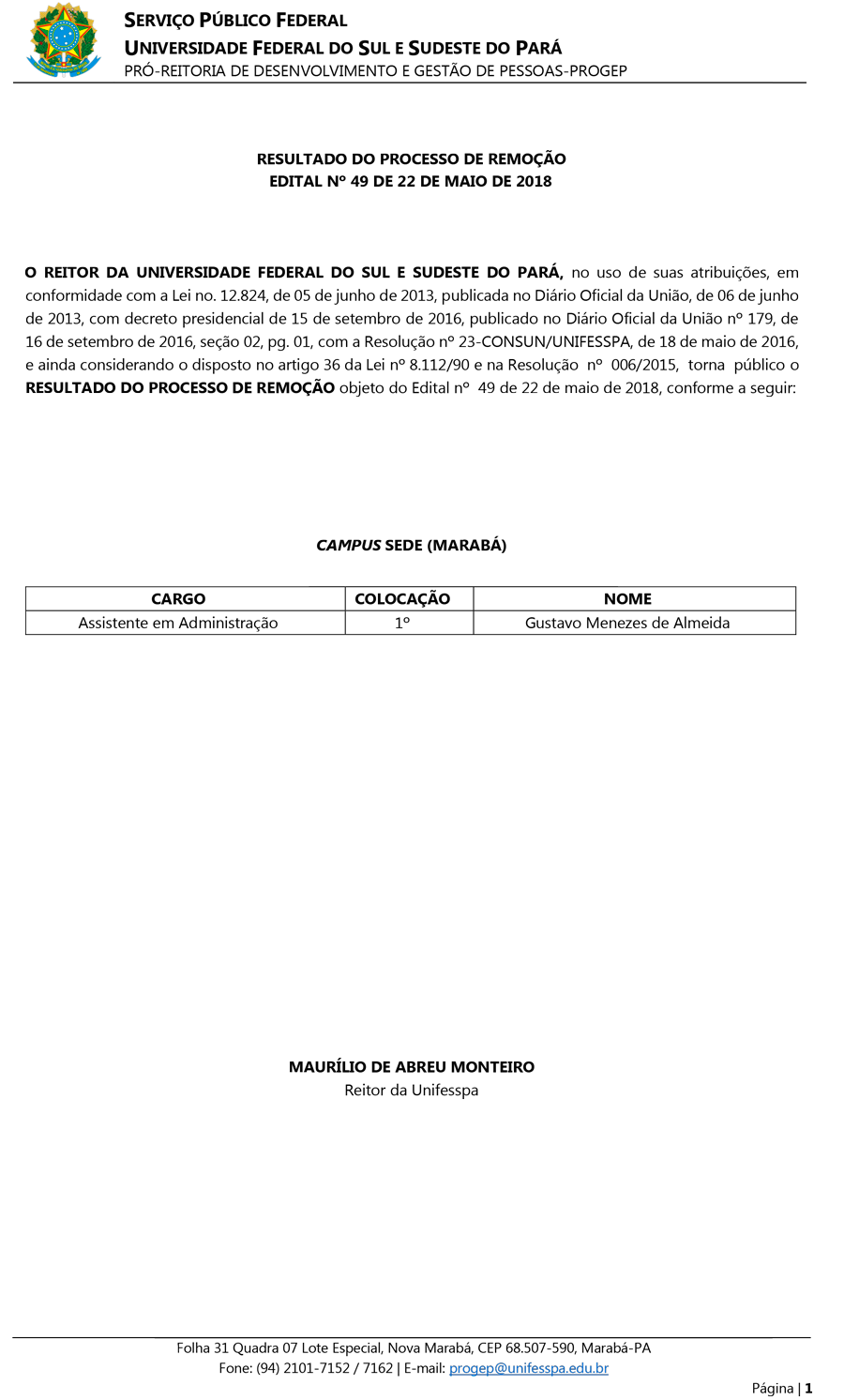 RESULTADO DO EDITAL DE REMOÇÃO 049 DE 2018