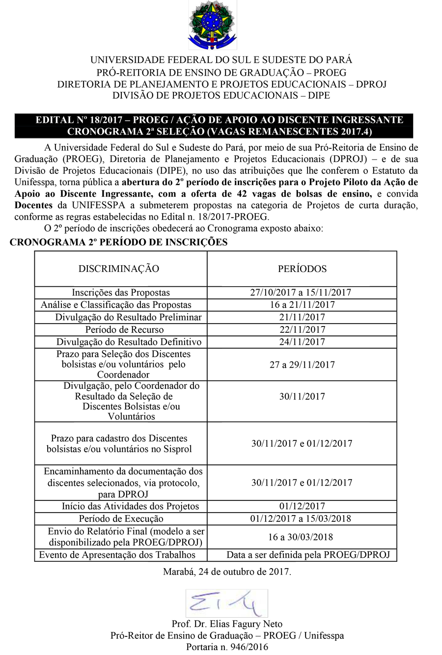 VAGAS REMANESCENTES EDITAL 18 2017 APOIO AO DISCENTE INGRESSANTE PDF 2