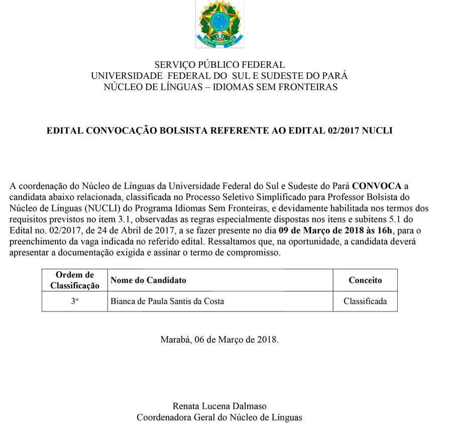 Convocação Bolsista CAPES NUCLI Edital 02