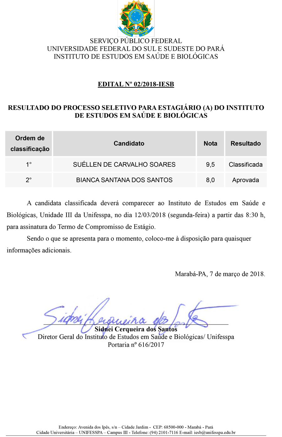 Resultado Selecao Bolsa Estgio IESB 07 03 2018